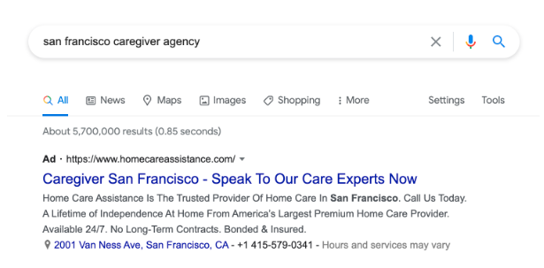 San Francisco Caregiver Agency Google Paid Listing